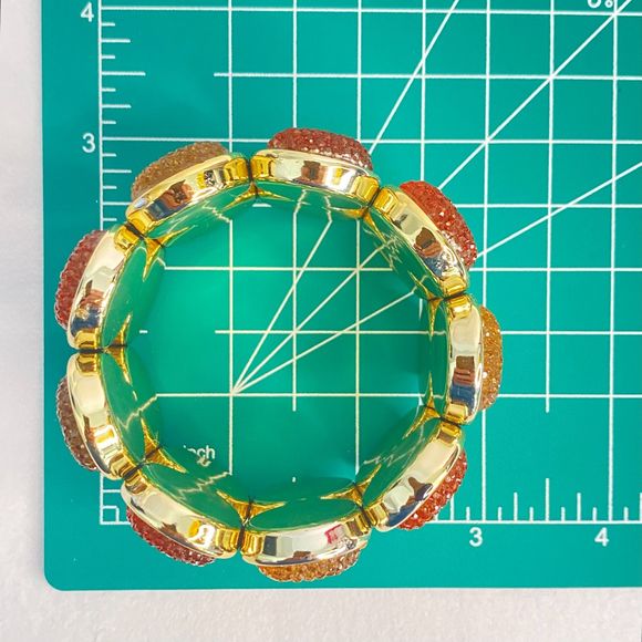 Stretch Bracelet Gold Tone Encircled Druzy Orange Yellow Lucite Stones - Picture 7 of 8